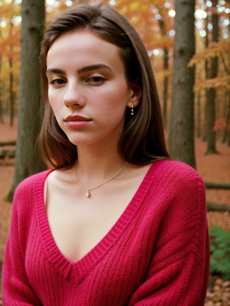 Elegant Minimalistic Photography, 1990s, (beautiful) Model wearing a pink jumper, Red Autumn Forest Background, Natural Lighting, chaos, minimalist, close-up portrait photo, (shot on Portra 400).