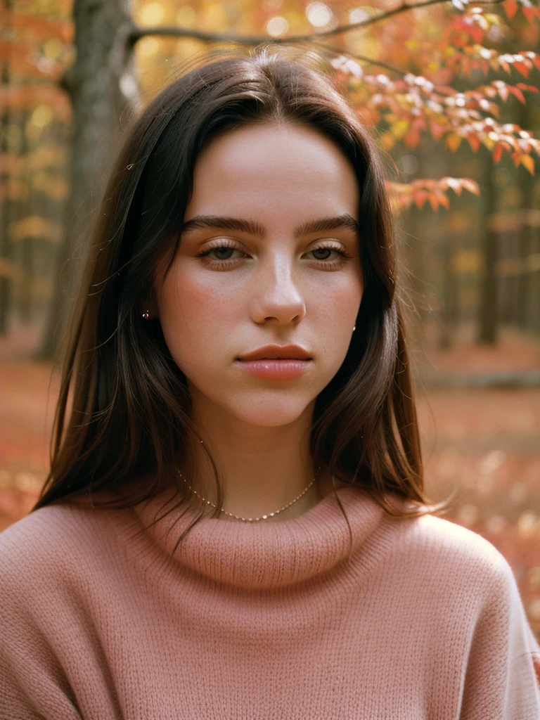 Elegant Minimalistic Photography, 1990s, (beautiful) Model wearing a pink jumper, Red Autumn Forest Background, Natural Lighting, chaos, minimalist, close-up portrait photo, (shot on Portra 400).