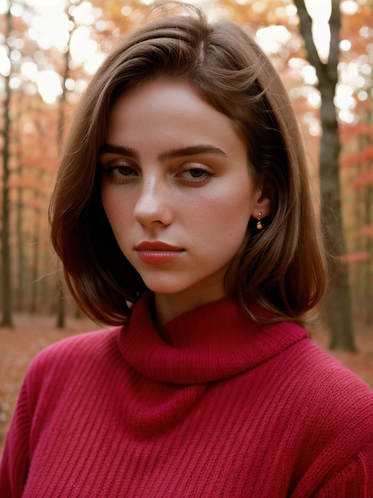 Elegant Minimalistic Photography, 1990s, (beautiful) Model wearing a pink jumper, Red Autumn Forest Background, Natural Lighting, chaos, minimalist, close-up portrait photo, (shot on Portra 400).