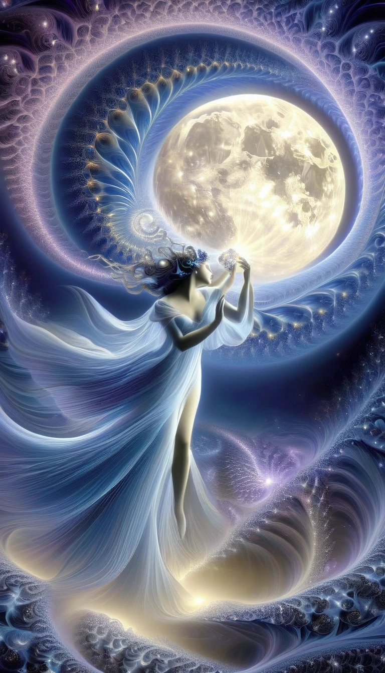 the famous love affair between Goddess of the moon Selene and mortal Endymion, fractal art, classic painting