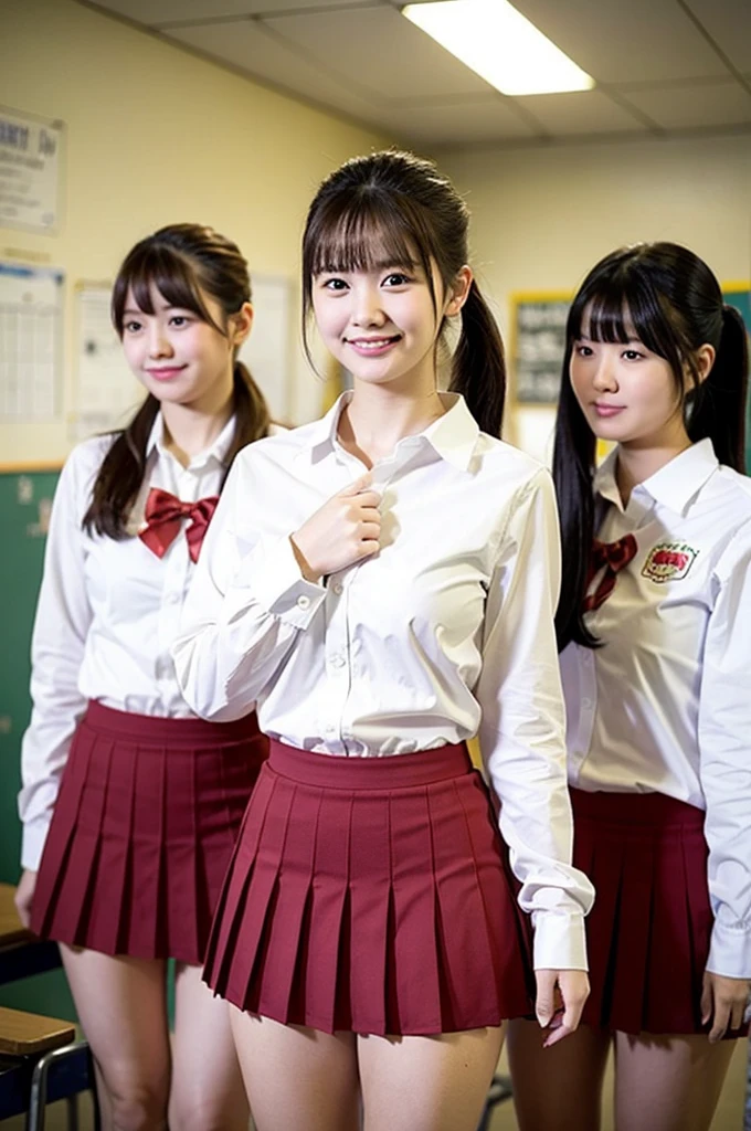 girls standing in school classroom,long sleeved white shirt,red pleated skirt,18-year-old,bangs,a little smiles,thighs,knees,crotch,low ponytail,from below