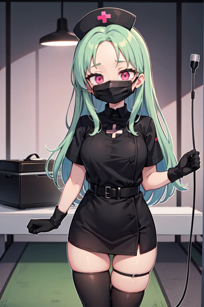 black nurse, 1woman, solo, black nurse cap, black nurse uniform, ((black legwear, zettai ryouiki)), black elbow gloves, forehead, long hair, green hair, pink eyes, ((black surgical mask, covered nose)), standing, ((surgery room)), sharp outline, short sleeves, mature female, 35 years old, best quality, masterpiece