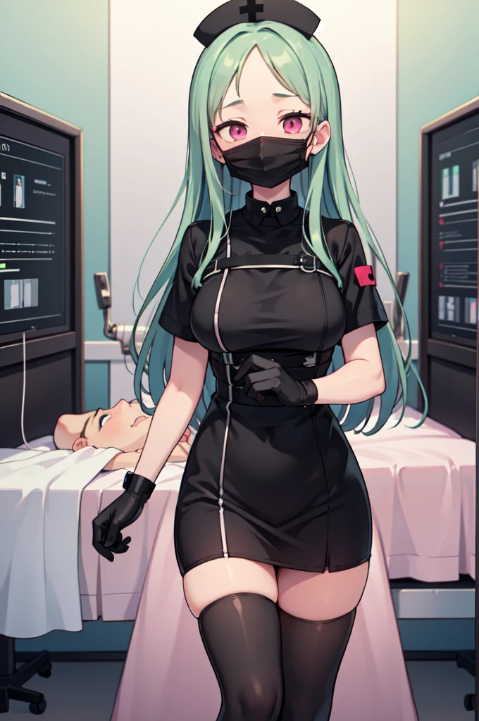 black nurse, 1woman, solo, black nurse cap, black nurse uniform, ((black legwear, zettai ryouiki)), black elbow gloves, forehead, long hair, green hair, pink eyes, ((black surgical mask, covered nose)), standing, ((surgery room)), sharp outline, short sleeves, mature female, 35 years old, best quality, masterpiece