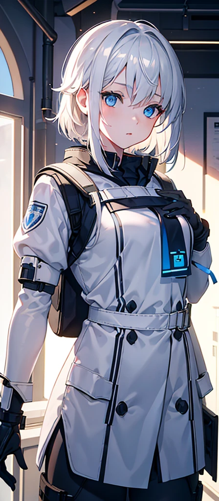 a beautiful young girl with medium-sized br easts, white hair, wearing a backpack,cinematic lighting, pho torealistic, extremely detailed, 8k, high resol ution, best quality, masterpiece,Blue Eyes,Sci-fi style
