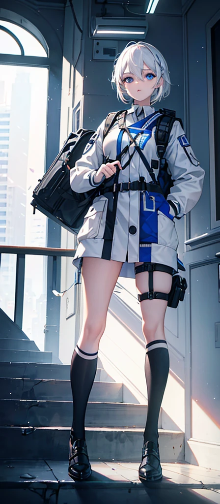 a beautiful young girl with medium-sized br easts, white hair, wearing a backpack,cinematic lighting, pho torealistic, extremely detailed, 8k, high resol ution, best quality, masterpiece,Blue Eyes,Sci-fi style