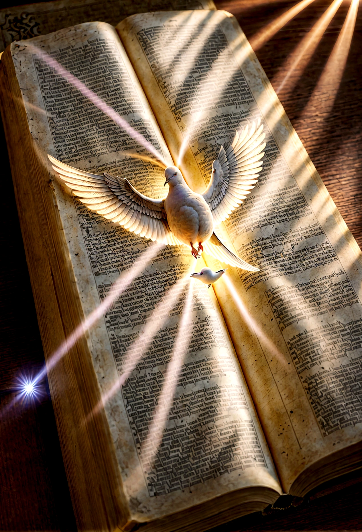 An open holy Bible, with rays of light emanating from it and a dove hovering above. #illustration #HDR #Creative