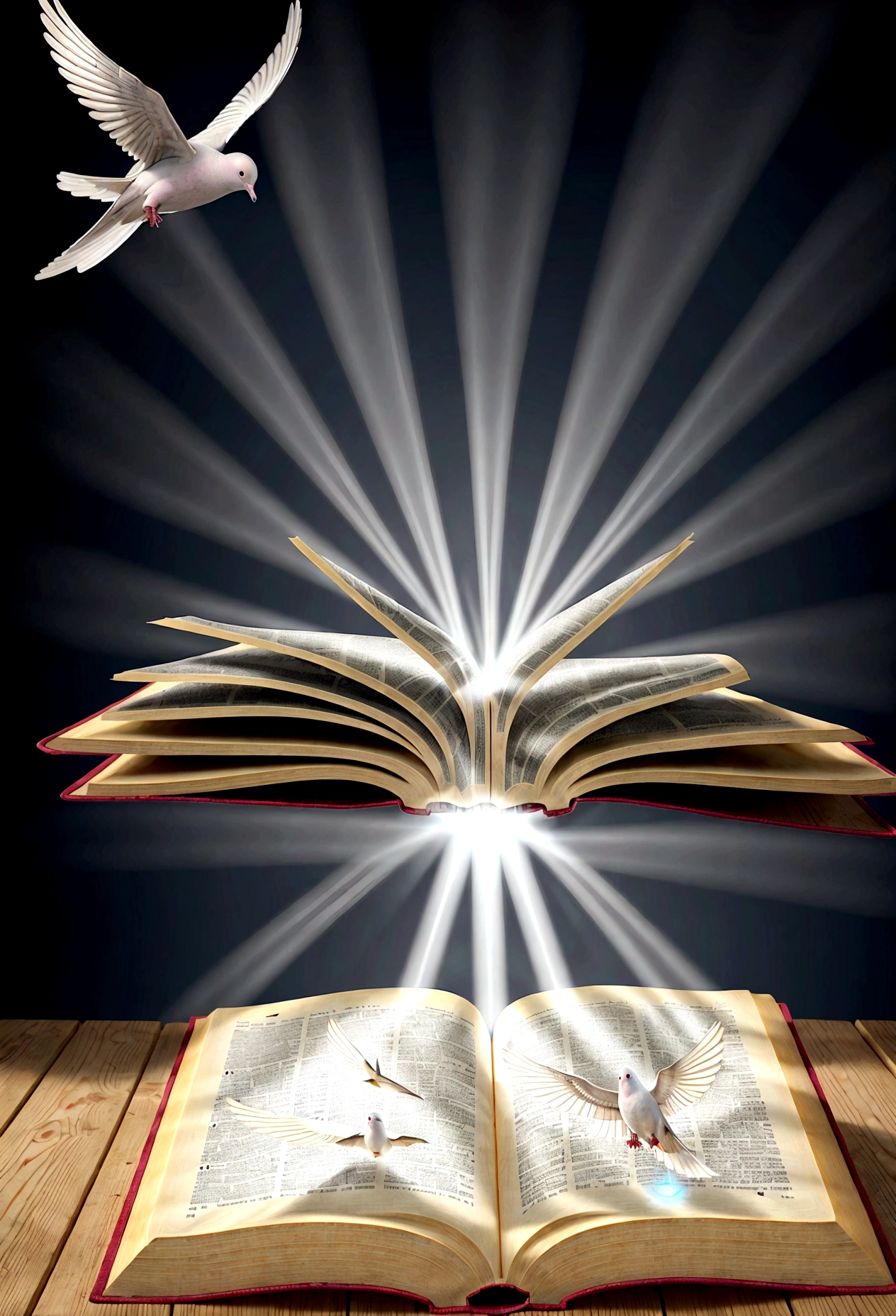 An open holy Bible, with rays of light emanating from it and a dove hovering above. #illustration #HDR #Creative