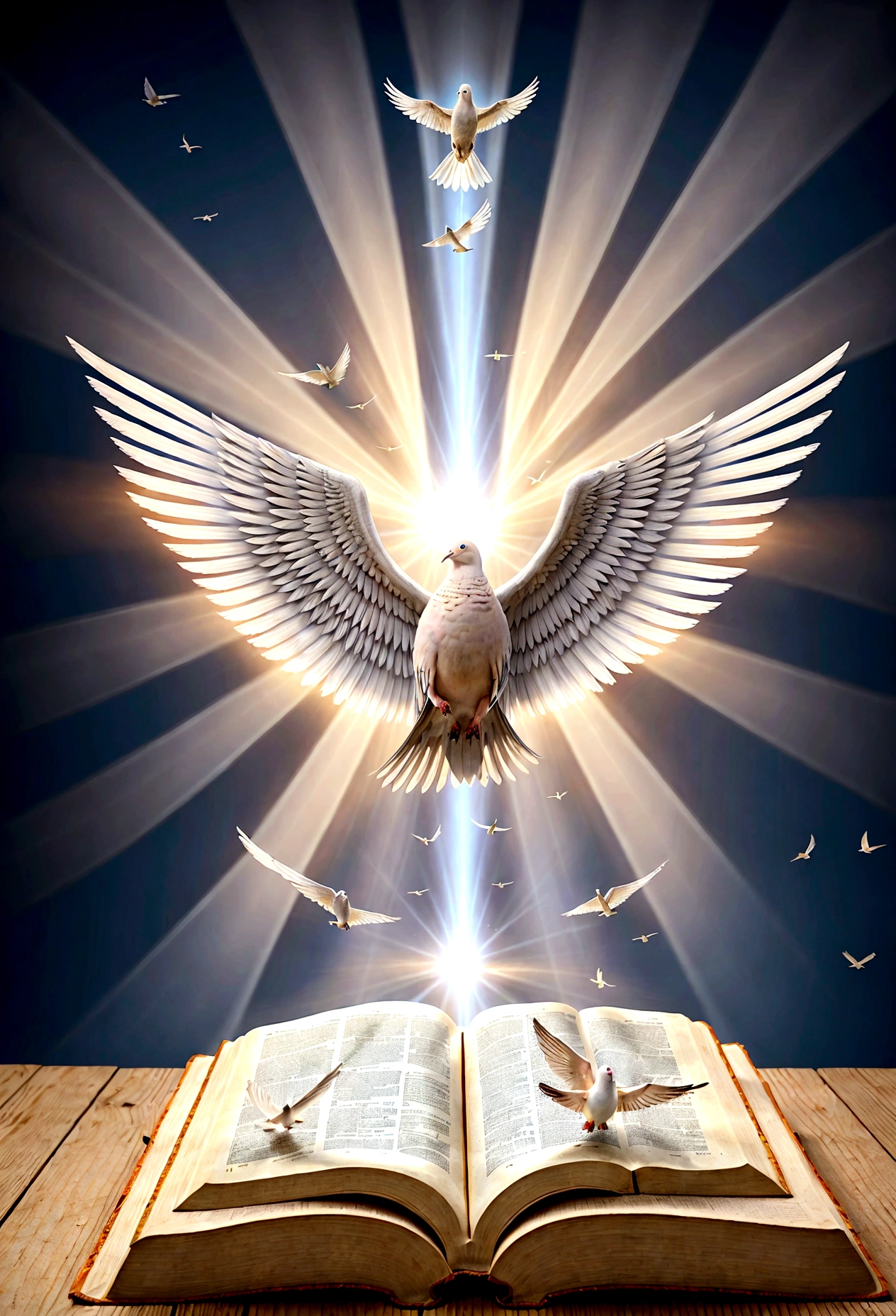 An open holy Bible, with rays of light emanating from it and a dove hovering above. #illustration #HDR #Creative