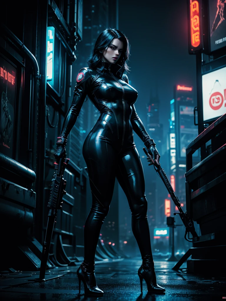 a woman in a black latex catsuit, gloves, and high heels, holding a large futuristic weapon, detailed and realistic, highly detailed, cinematic lighting, dramatic pose, dark and gritty cyberpunk style, moody and atmospheric, dynamic composition, neon lights, urban cityscape background, hyper detailed, masterpiece