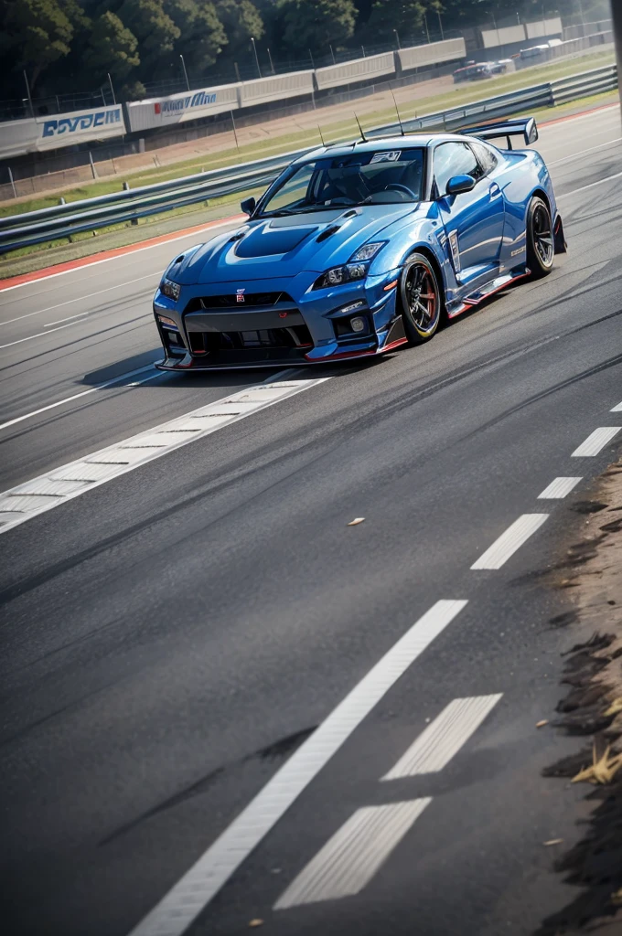 A highly detailed, hyper-realistic, photorealistic rendering of a blue Nissan Skyline GT-R BNR34 sports car on a circuit racetrack, with extremely detailed and sharp focus, vivid colors, professional-level lighting and shading, intricate textures and materials, dynamic motion blur, and a cinematic, dramatic composition.