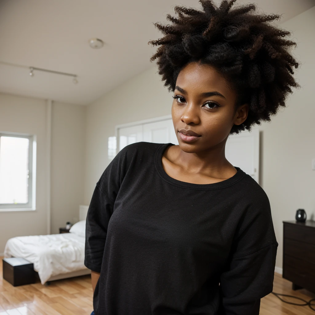 black young women stand up in room with tangle hair