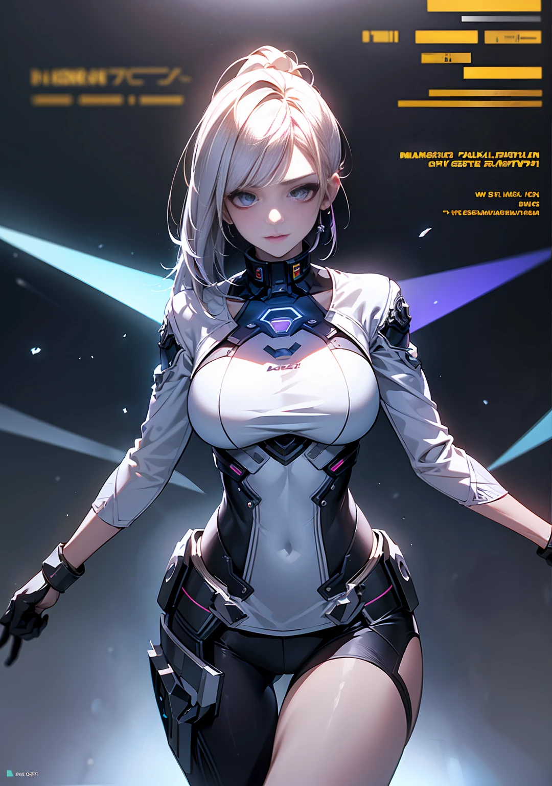 ((Highest quality)), ((masterpiece)), (become close:1.4), 3D, Images of beautiful cyberpunk women,High resolution (High Dynamic Range),Ray Tracing,NVIDIA,Super Resolution,Unreal 5,Scattered under the surface,PBR Texturing,Post-processing,Anisotropic Filtering,Written boundary depth,Maximum clarity and sharpness,Multilayer Texture,Albedo and Specular Maps,Surface Shading,Accurate simulation of light-matter interactions,Perfect proportions,Octane Rendering,Two-tone lighting,wide aperture,Low ISO,White balance,Three-part method, Pulling the hair back:1.6
