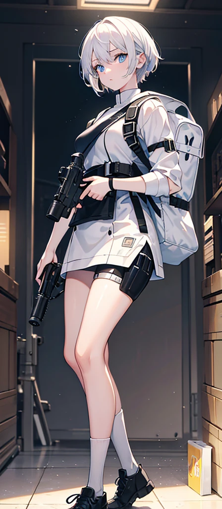 a beautiful young girl with medium-sized br easts, white hair, wearing a backpack,cinematic lighting, pho torealistic, extremely detailed, 8k, high resol ution, best quality, masterpiece,Holding a gun,Blue Eyes,Sci-fi style