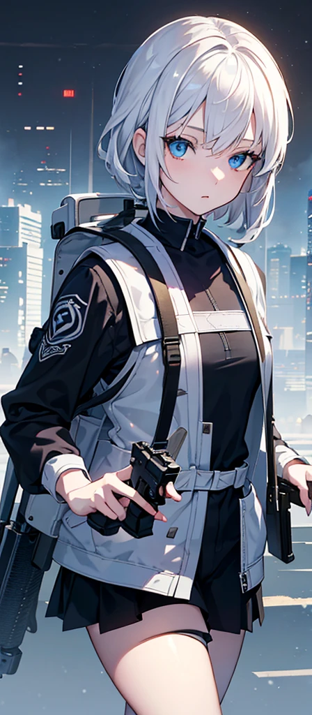a beautiful young girl with medium-sized br easts, white hair, wearing a backpack,cinematic lighting, pho torealistic, extremely detailed, 8k, high resol ution, best quality, masterpiece,Holding a gun,Blue Eyes,Sci-fi style
