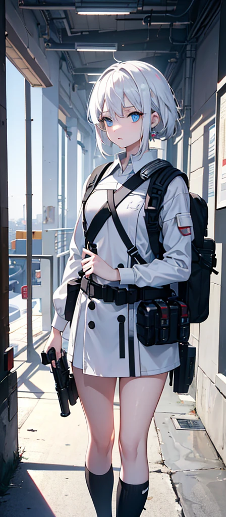 a beautiful young girl with medium-sized br easts, white hair, wearing a backpack,cinematic lighting, pho torealistic, extremely detailed, 8k, high resol ution, best quality, masterpiece，Holding a gun，Blue Eyes，Sci-fi style