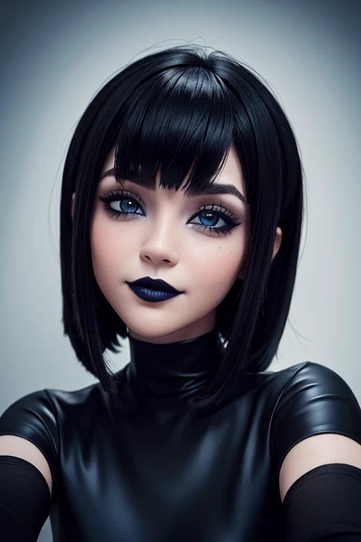 Solo cara, selfie, wallpaper, full HD,  cara hermosa y detallada con labios negros y voluminosos sonrisa sensual, ojos azules piel blanca delineador de color negro y cabello corto estilo bob con flequillo, Gothic makeup 