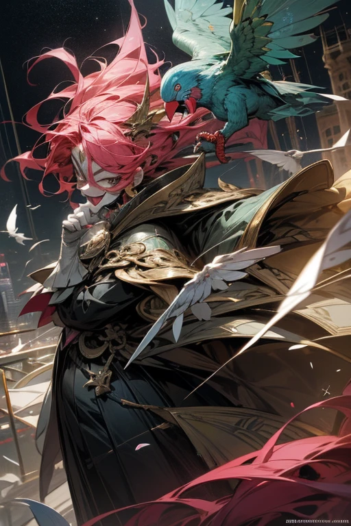 anime style,masterpiece,best quality,super detailed, super fine illustration, highly detailed, dynamic angle,dynamic scene, beautiful detailed, 8k, In the night カーニバル, BREAK colorful parrots and parakeets are flying in the sky or perching on ピエロの肩.Man wearing a clown mask,perfect face,perfect hands,laughing