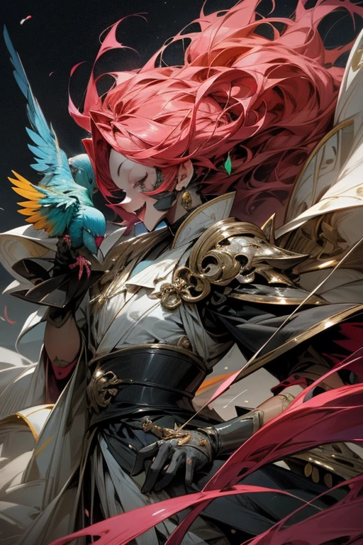 anime style,masterpiece,best quality,super detailed, super fine illustration, highly detailed, dynamic angle,dynamic scene, beautiful detailed, 8k, In the night カーニバル, BREAK colorful parrots and parakeets are flying in the sky or perching on ピエロの肩.Man wearing a clown mask,perfect face,perfect hands,laughing