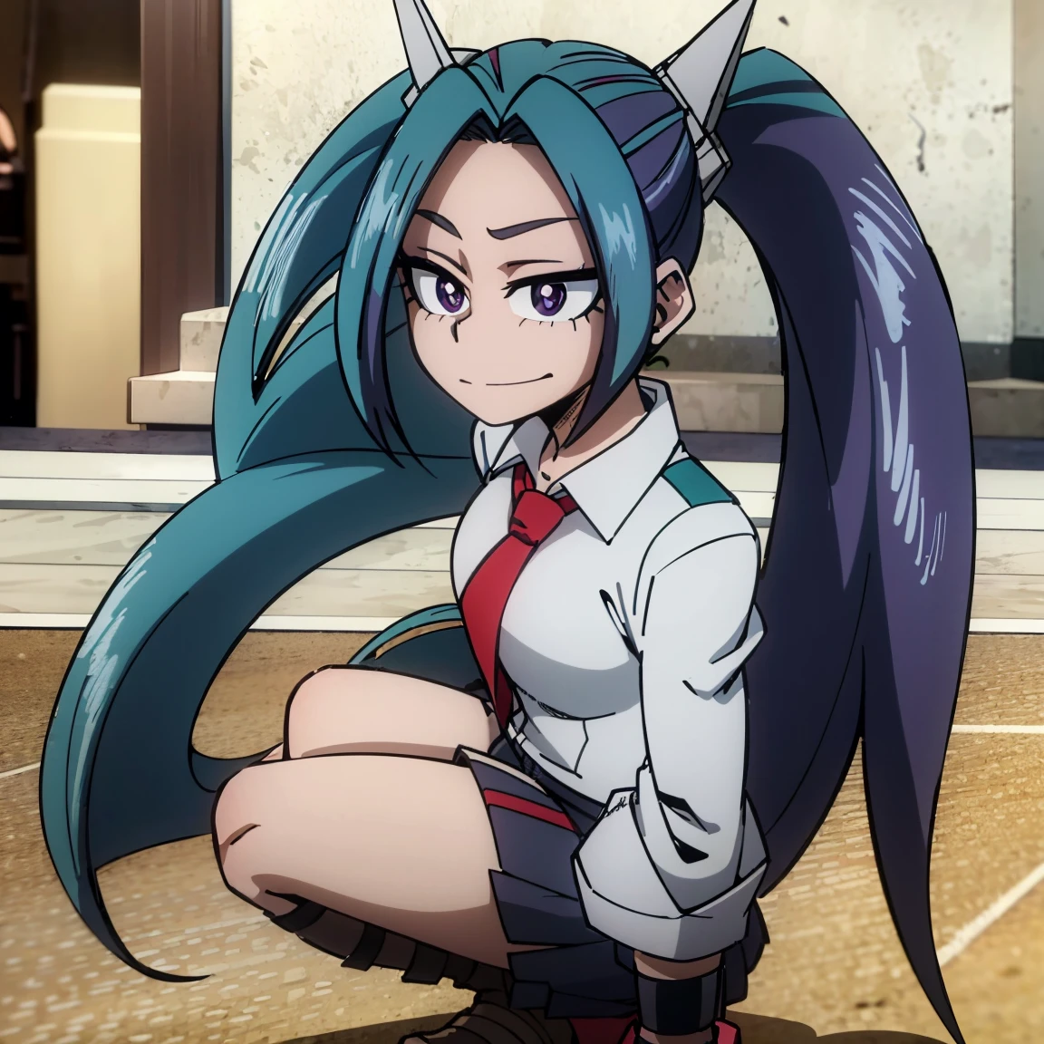 1girl, female focus, aria blaze, boku no hero academia, masterpiece, best quality, very aesthetic, absurdres, twintails hair, purple hair, lavender eyes, smirk, gray jacket, red tie, white shirt, teal skirt, gray tights, boots 