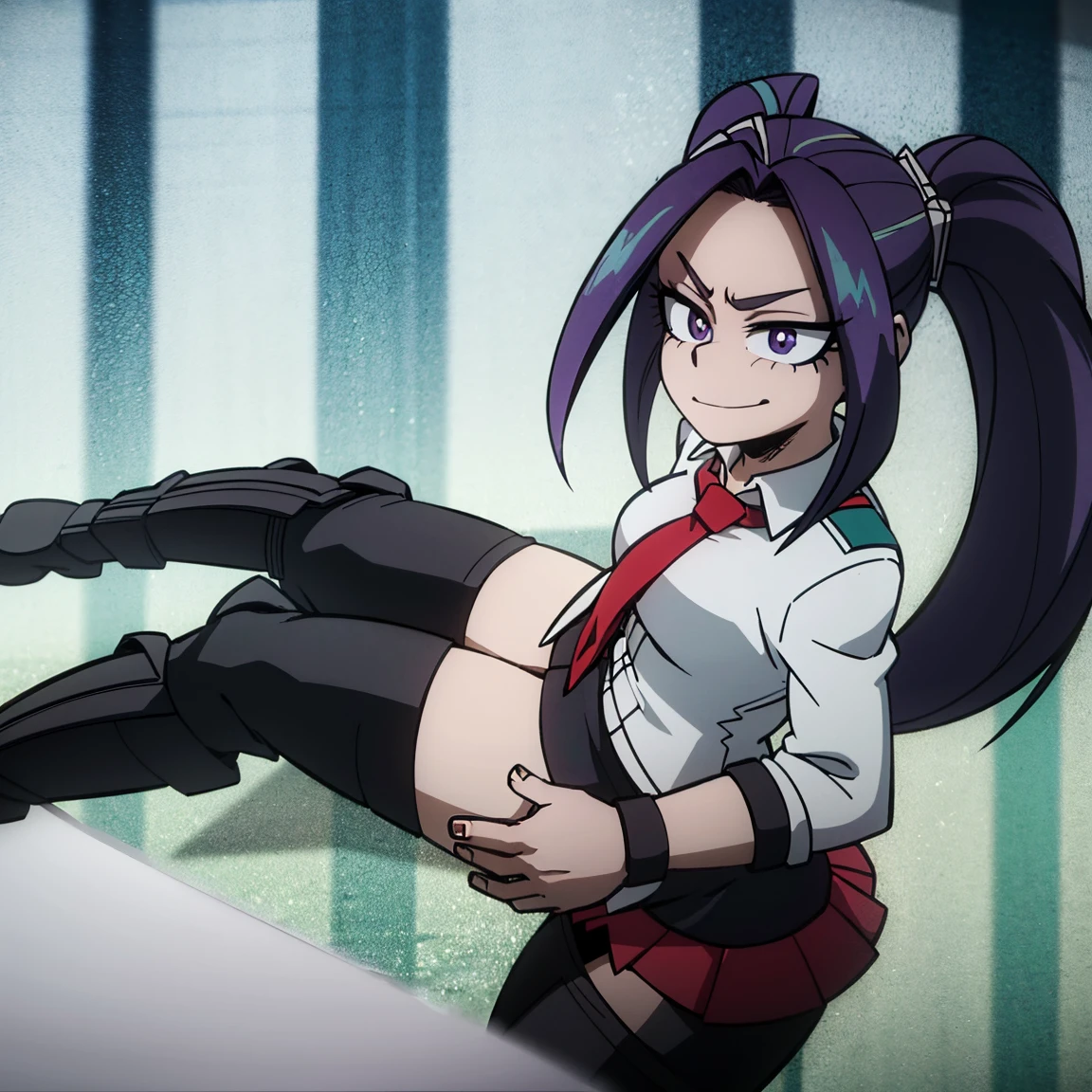 1girl, female focus, aria blaze, boku no hero academia, masterpiece, best quality, very aesthetic, absurdres, twintails hair, purple hair, lavender eyes, smirk, gray jacket, red tie, white shirt, teal skirt, gray tights, boots 