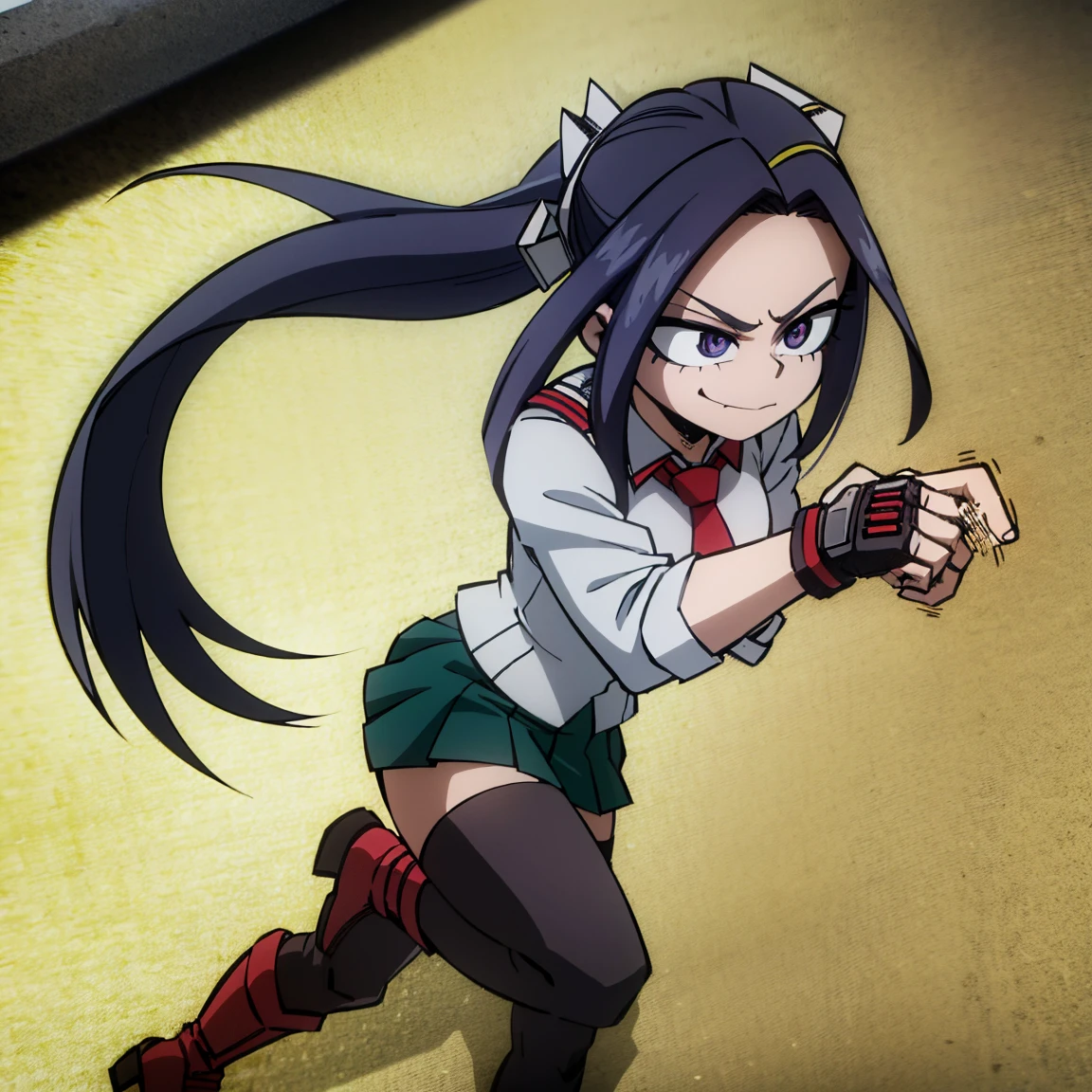 1girl, female focus, aria blaze, boku no hero academia, masterpiece, best quality, very aesthetic, absurdres, twintails hair, purple hair, lavender eyes, smirk, gray jacket, red tie, white shirt, teal skirt, gray tights, boots 