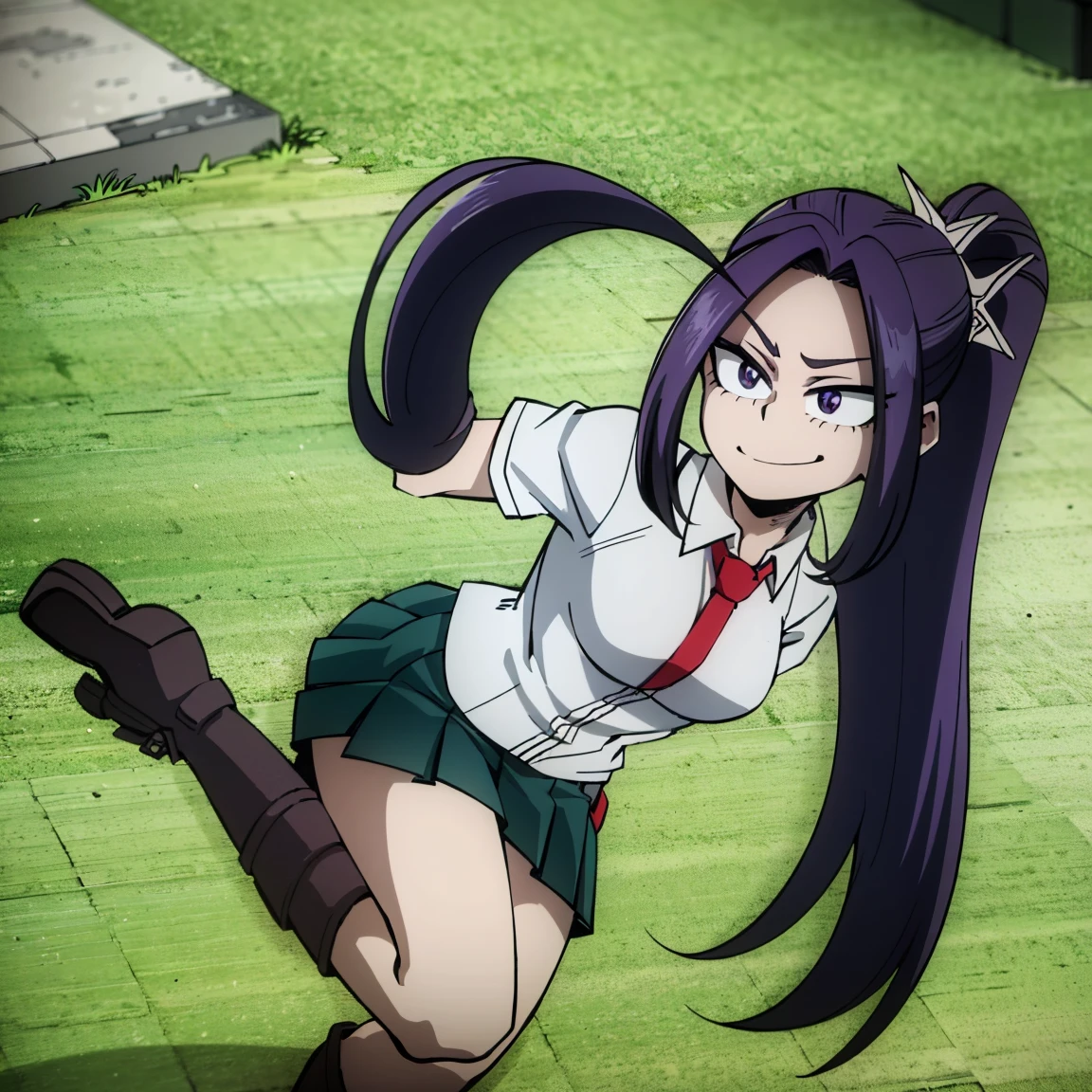 1girl, female focus, aria blaze, boku no hero academia, masterpiece, best quality, very aesthetic, absurdres, twintails hair, purple hair, lavender eyes, smirk, gray jacket, red tie, white shirt, teal skirt, gray tights, boots 