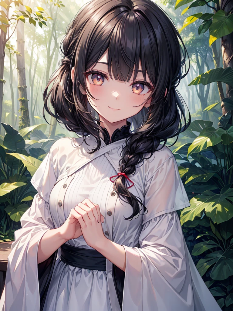 (masterpiece),(top-quality),(ultra-detailliert),hight resolution,in 8K animation,1girl,black hair,(hair tied on one side:1.3),wavy hair,(round eyes),blunt bangs,(cheerful smile),[violet eyes:(golden eyes):0.55],(beautifull detailed face),(beatiful detailed eyes),in the forest