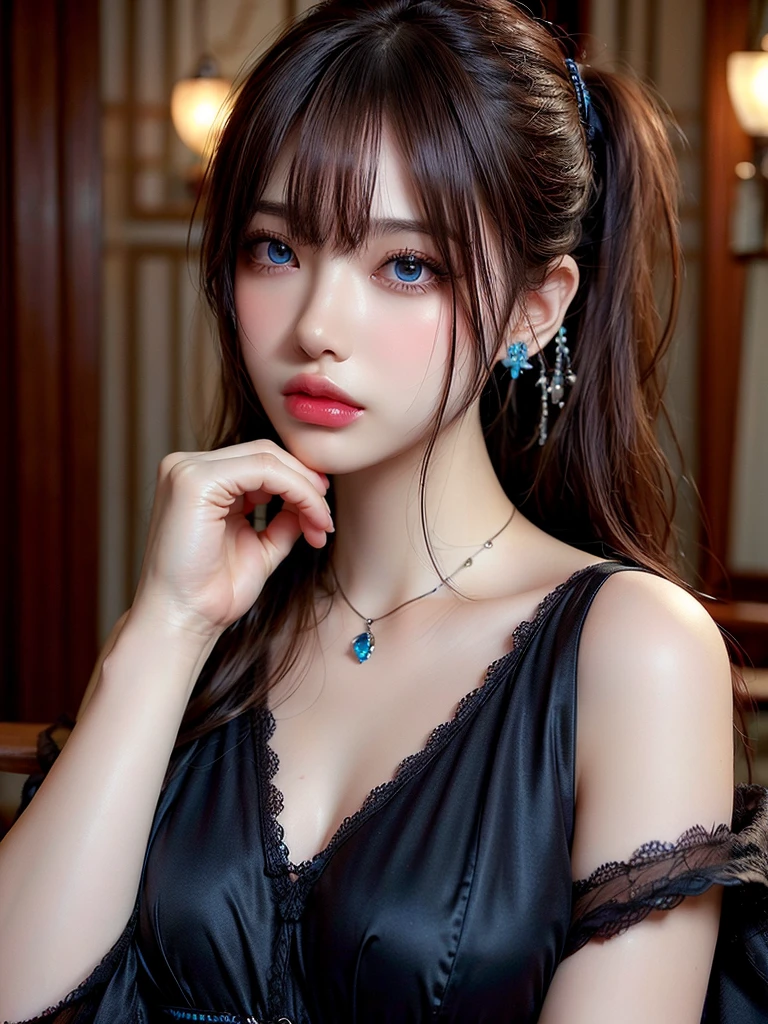 (Skin dents:1.5), Realistic, Realistic, (masterpiece:1.5), Concept Art, Intricate details, Very detailed, Realistic, Octane Rendering, 8k, Unreal Engine, Dynamic pose, Highest quality, High resolution, (Realistic Face:1.1), (超Realistic:1.1), ((full_body)), Perfect Eyes,(Shiny skin:1.2), (((Hairstyle))), (((Perfect hands))), (Very detailed背景), ((Dynamic Background)), (Light), ((fine grain, High quality eyes, High quality face)), (((flowing Hairstyle))), wonderful, Written boundary depth, Bokeh, 4K, Gothic, Mountain Background, Lightning, Glowing blue iris, Gorgeous dress for the evening,necklace、Earrings、