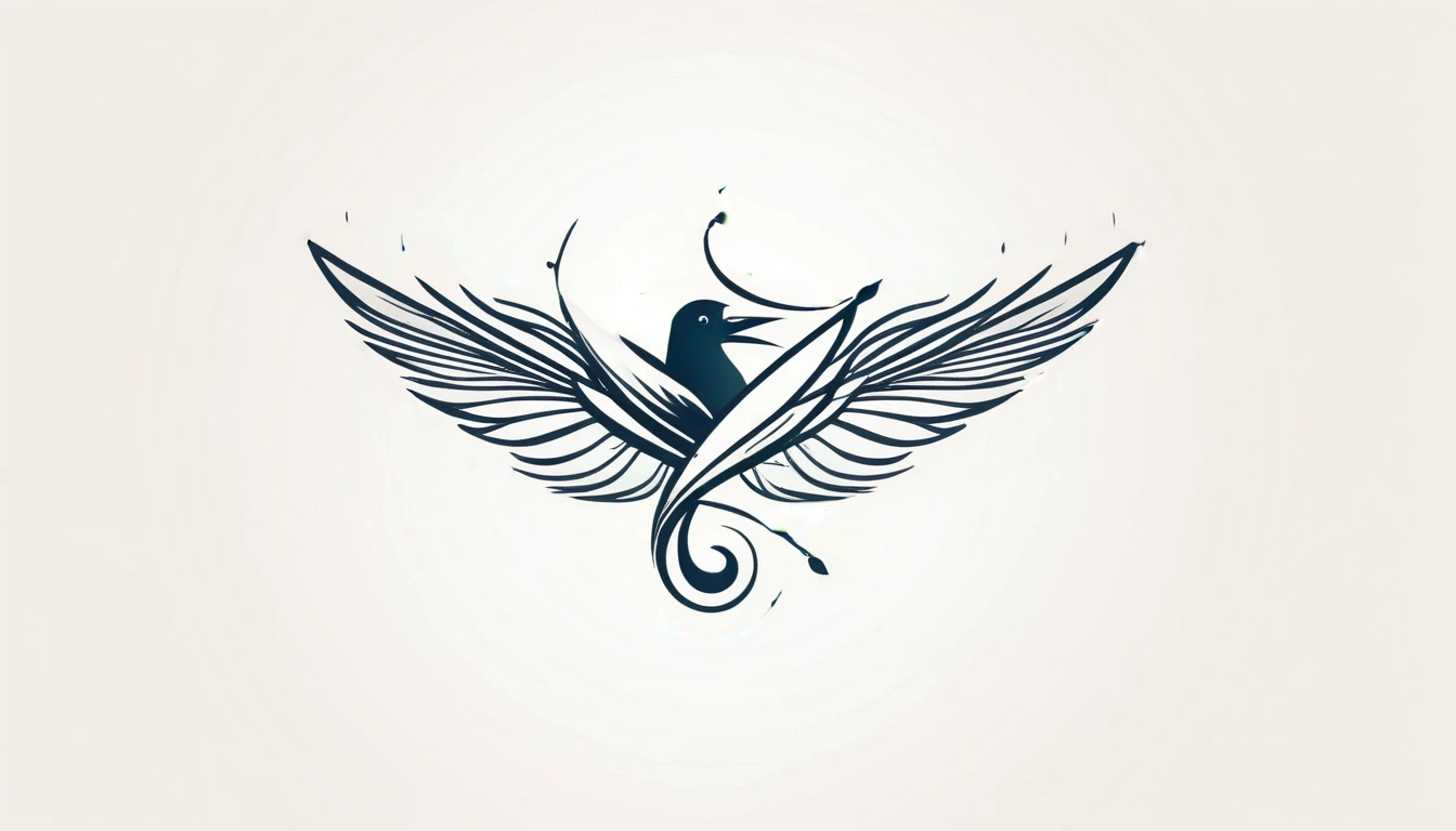 Create a symmetrial, abstract logo of two birds and a boy guitarist. As a symbol, create a feather as the special symbol for a creative brand called " Penamemoria". The logo should represent the companionship between a boy musician, A Storyteller Fantasy Bird and a Dreamy Feather. Minimalist symbol design