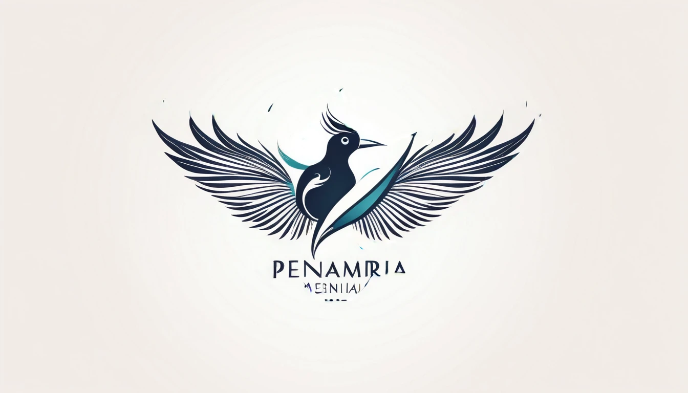 Create a symmetrial, abstract logo of two birds and a boy guitarist. As a symbol, create a feather as the special symbol for a creative brand called " Penamemoria". The logo should represent the companionship between a boy musician, A Storyteller Fantasy Bird and a Dreamy Feather. Minimalist symbol design
