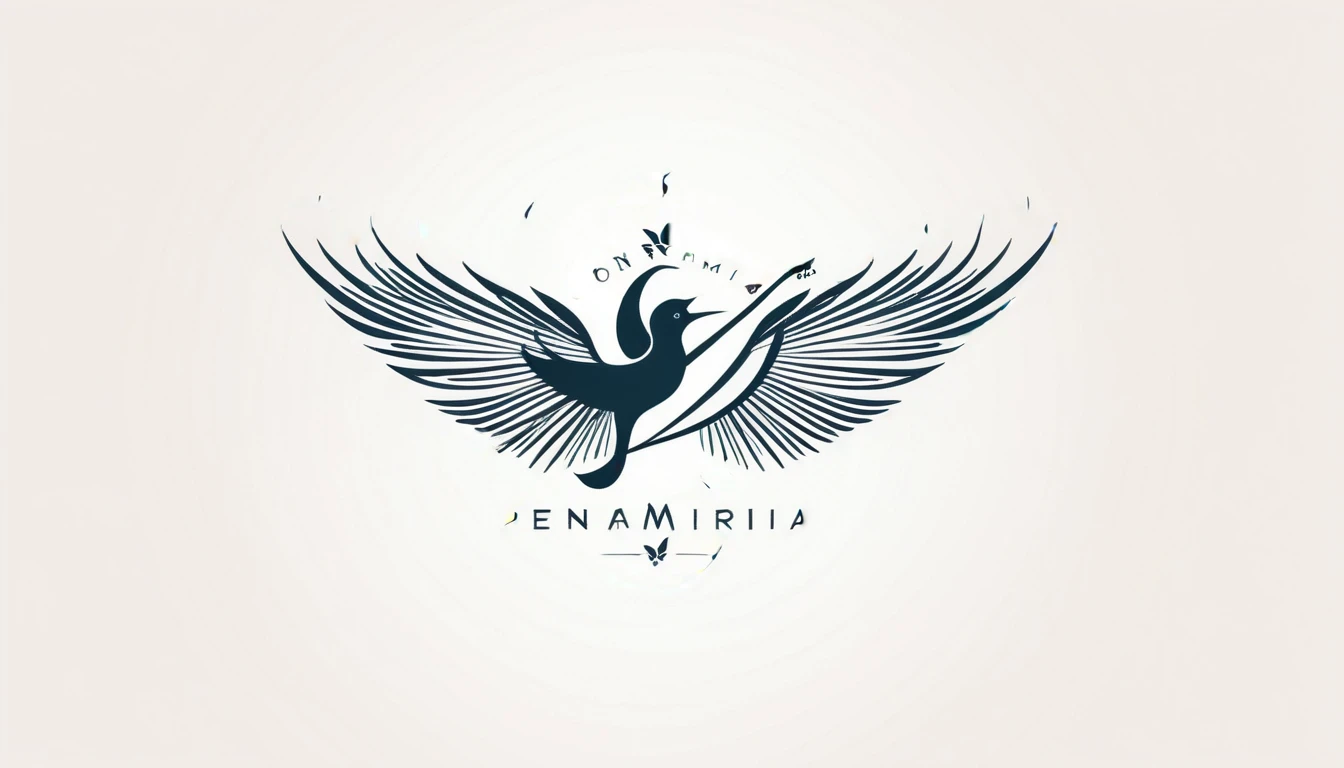 Create a symmetrial, abstract logo of two birds and a boy guitarist. As a symbol, create a feather as the special symbol for a creative brand called " Penamemoria". The logo should represent the companionship between a boy musician, A Storyteller Fantasy Bird and a Dreamy Feather. Minimalist symbol design