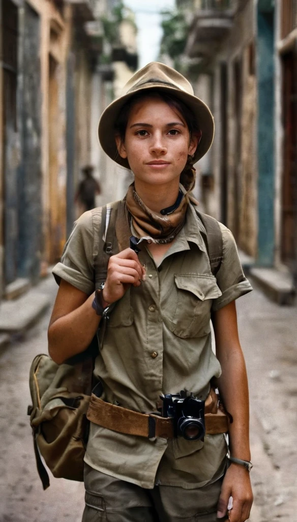 A young female, a war photographer, in a safari clothes, with a camera with a strap hanged on her neck, and a brown army look backpack, walking on the streets of Cuba, with old vintage bhildings,1970, high contrast of light and shadow, outdoor lighting, shallow depth of field, cinematic lighting, movie still, film grain, vintage, realistic