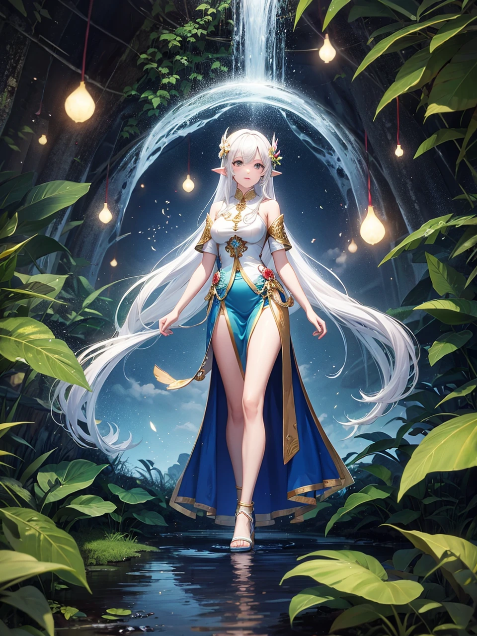2D illustration, anime style, beautiful girl, elf, 16 years old, blonde, blue eyes, hair ornament, smiling, chest open, whole white ultra-thin fabric, see-through ancient style robe, (without panties)), (chest tip protruding), floating hem, holding a magic wand in one hand, collar, bangle, anklet, bare foot, ((figure up, low angle, open legs, crotch up, closed crotch ,)) Wet body, wet clothes, fantastic ancient ruins eroded by vegetation, waterside, night sky, floating magic light, glowing water surface, wind blowing, ambient occlusion, halation