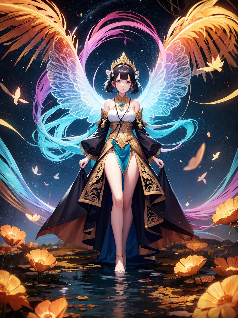 Full body, a girl standing in a goddess rainbow pastel Thai traditional outfit, in mystical forest with fairies 