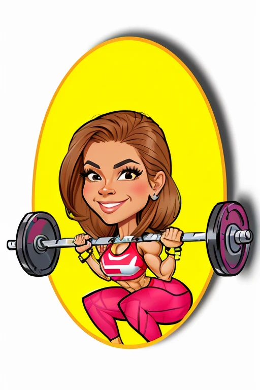 8k, a cartoon girl with a barbell in her hand and a yellow background, in cartoon style, cartoon art style, Fit girl, cartoon style illustration, muscular girl, cartoon digital art, chibi, cartoon illustration, cartoon style, lifting weights, digital art cartoon, bodybuilder woman, fitness, strong woman, cartoon style, fit woman, caricature, by Ella Guru