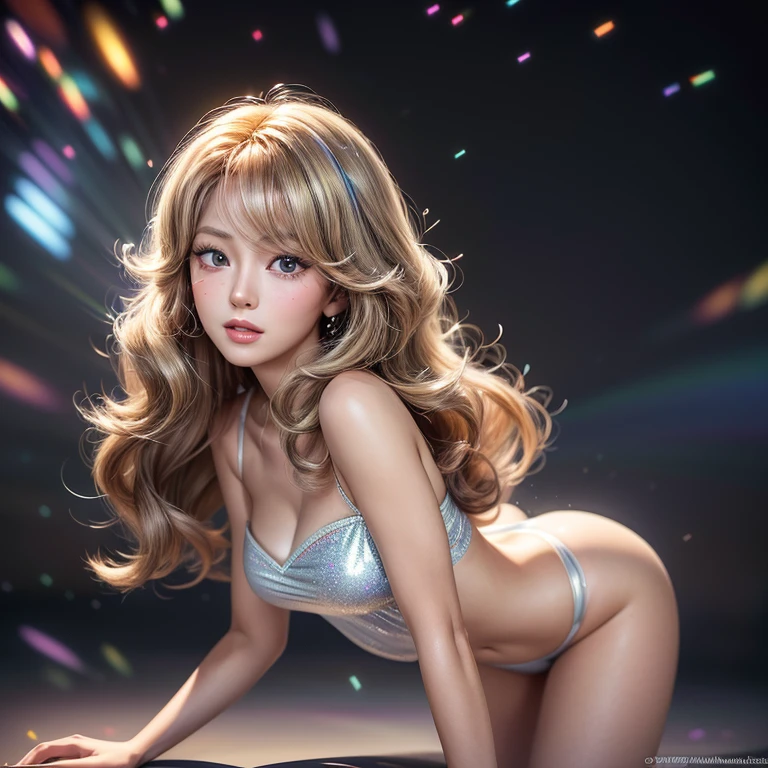 NSFW, 8k, High-level, absurd, masterpiece, best quality, primitive, very detailed CG, very detailed wallpaper, perfect lighting, Extremely detailed ((( personifying " Farrah Fawcett Majors " as a ))), MysticSight, Tyndall effect, Tyndall scattering, (Studio gray background with (Overflowing oodles Dazzling RainbowColorParticles (BokeH))), (RoundlyButts, ThighGap), (Exposed:0.4), (Assfocus with looking ahead) BREAK (Acutance:0.88), (NOGIZAKA face variations) Extremely Detailed very KAWAII face variations, perfect anatomy, Childish, CaptivatingGaze ElaboratePupils detailed Eyes with (sparkling highlights:1.28), (Voluminous LongEyelashes、GlossyRED Lips with beautiful details, RosyCheeks, Radiant PearlSkin with Transparency . { (Dynamic LifeLike expressions:1.4) | :d) }, (large eyes:-1) .