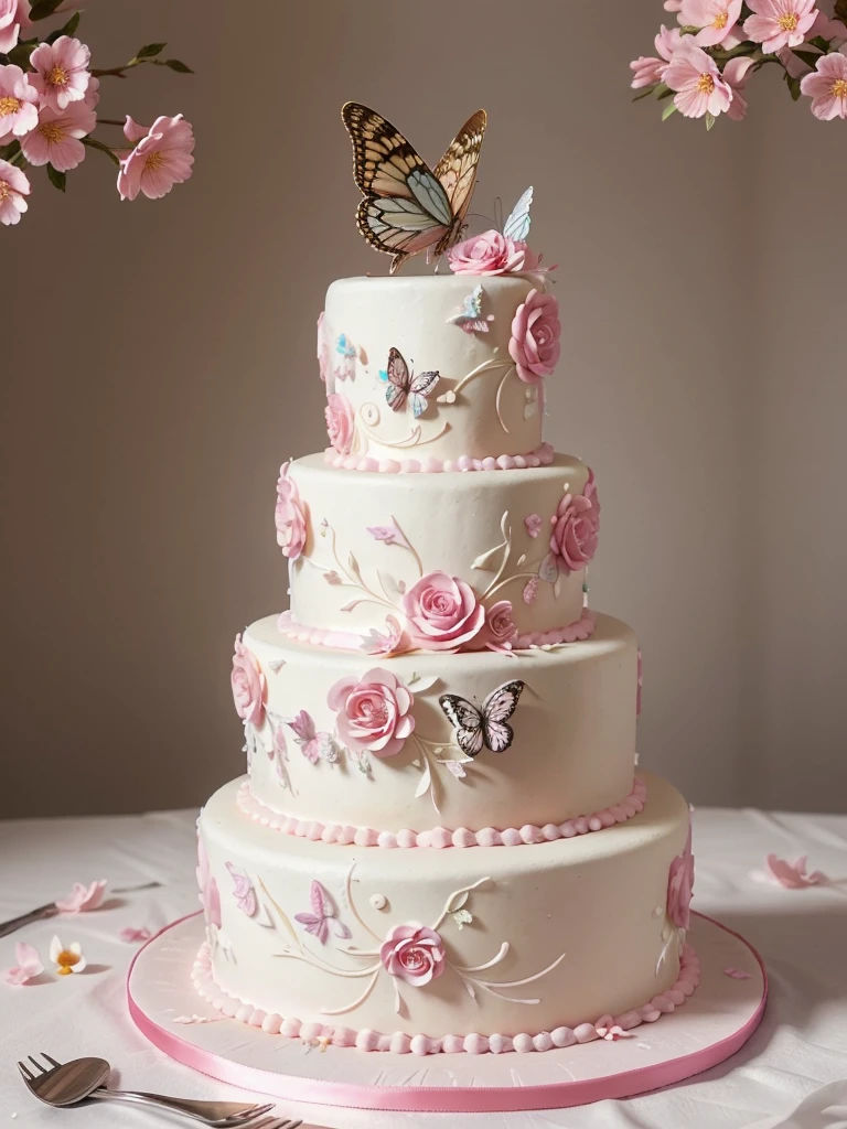 there is a white cake with pink flowers and butterflies on it, cake art, cakes, cake, cake sculpture, flowers and butterflies, elegant highly detailed, highly detailed!!, decorated with flowers, perfectly detailed, immaculately detailed, elegant. highly detailed, wow it is beautiful, beutiful!, birthday cake, beautifully lit, exquisitely detailed, highly detailed!!!