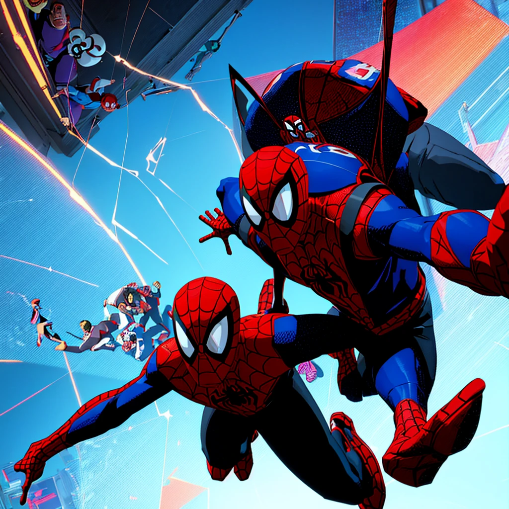 in the style of  Spiderman: Into the Spider-Verse, Animation Style: Spider-Verse blend of CG animation with 2D comic book elements like halftone dots and dynamic smears) A surprised Miles Morales, 15, African American with a backpack slung over one shoulder in the style of the spider-verse film 