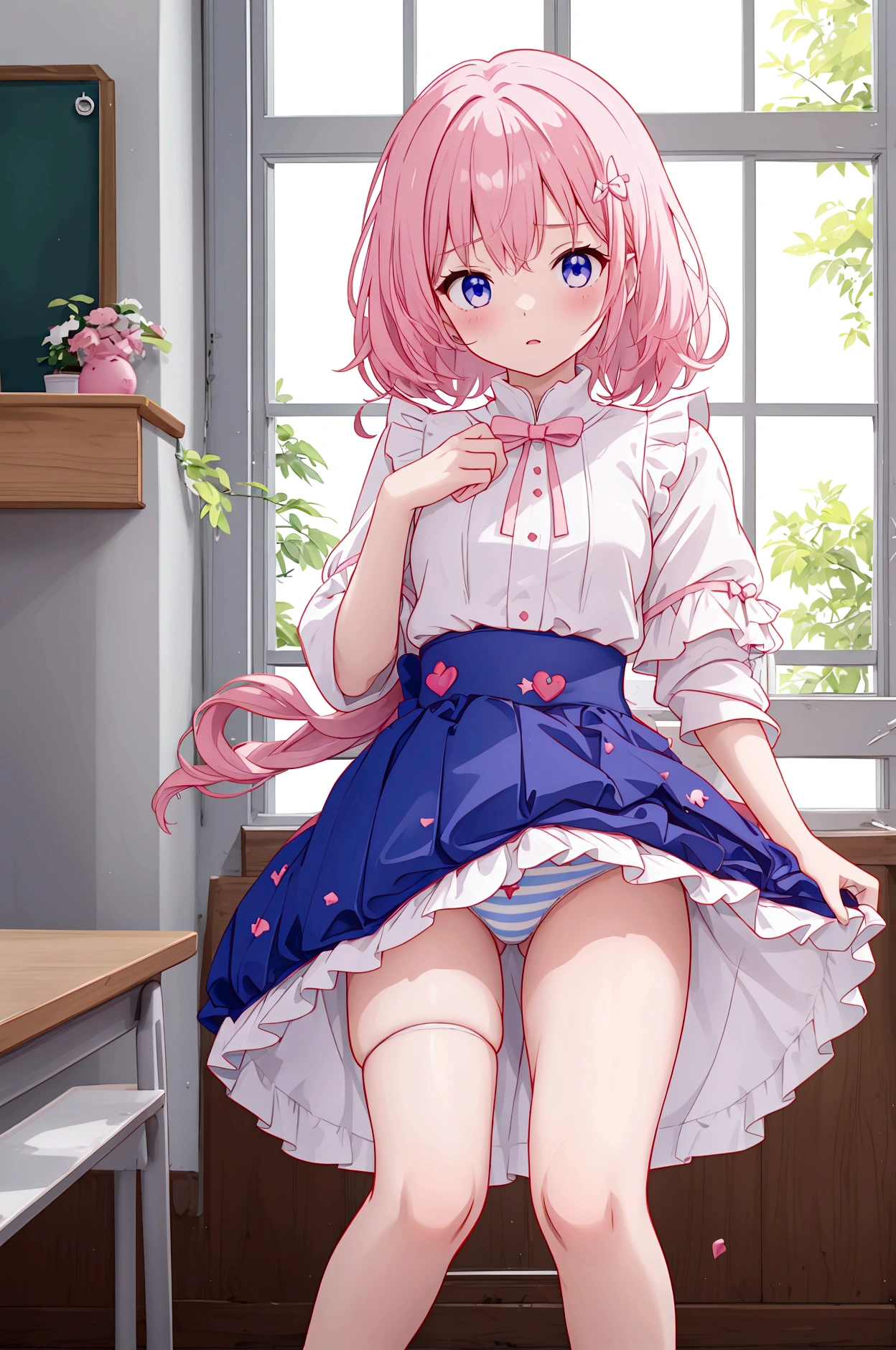 Magical girls of three different heights holding magic wands、Plain white with emphasis on the chestTshirt、You can see the chest from the neck、Ultramarine and white striped mini skirt、When you lift up her skirt you can see her cute pink frilly underwear..、Fluffy, White frilly flared skirt、When she lifted her skirt, She found some cute red frilly underwear、barefoot、classroom、