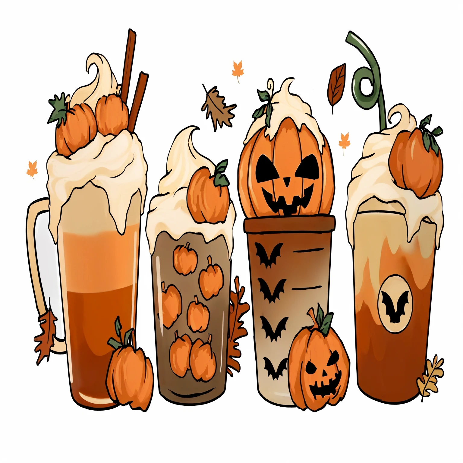 there are pumpkin drinks with pumpkin faces and pumpkins on them, 🍂 Lovely, Halloween art style, Halloween theme, Halloween celebration, 🍁 Lovely, Halloween atmosphere, pumpkin patch, pumpkin灯, pumpkins, in a Halloween style, Clip Art, trick or treat, season!! : 🌸 ☀ 🍂 ❄, Halloween scene, Halloween, Full-color digital illustrations, pumpkin