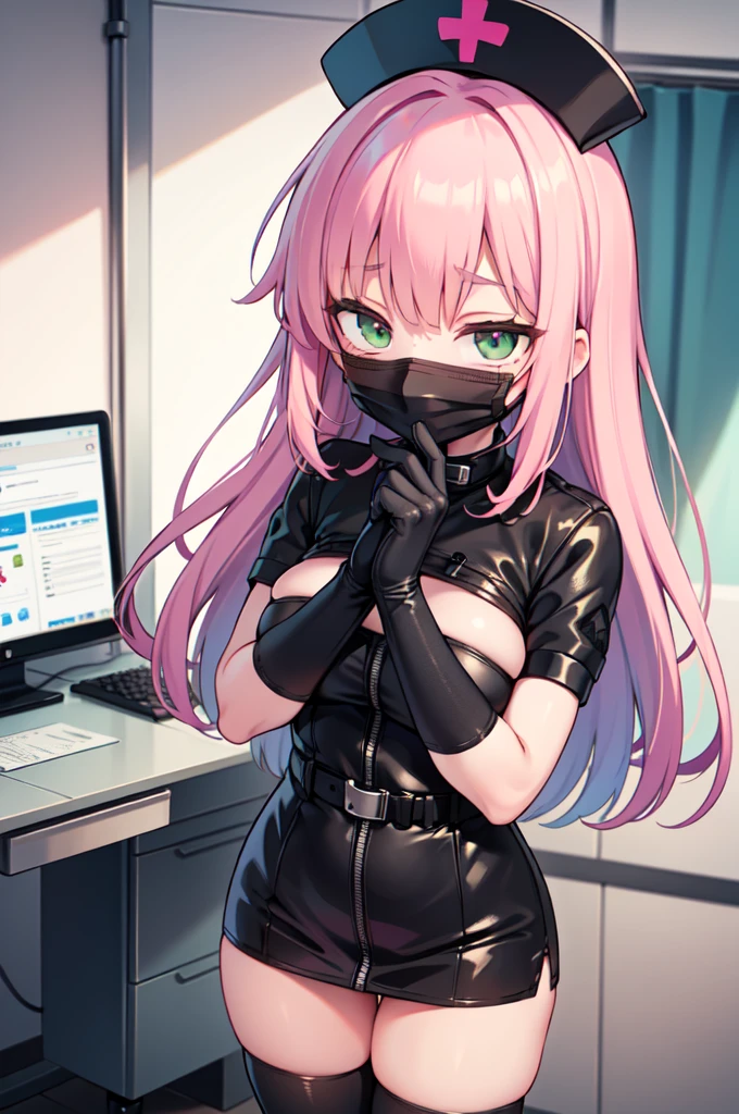 black nurse, 1woman, solo, black nurse cap, black nurse uniform, ((black legwear, zettai ryouiki)), black elbow gloves, pink hair, green eyes, drooping eyes, ((black surgical mask, covered nose)), standing, ((surgery room)), sharp outline, short sleeves, mature female, 32 years old, best quality, masterpiece