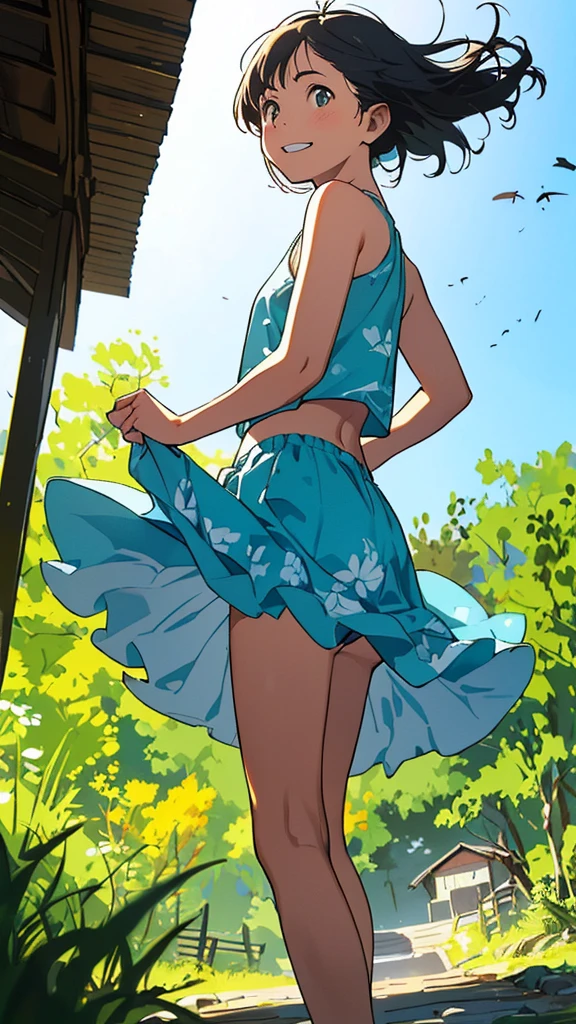 reasonable design, Clear lines, High Sharpness, (highest quality,4k,Perfect sharpness,Ultra fine,High resolution,masterpiece:1.2), Perfect Anatomy:1.5, Official Art, Illustrations that tell a story, (Whitish background:0. 9）、Body Positivity、More Mr.Physical expression、（Random and mischievous poses）、Perfect beauty、Perfect beautiful face、Strong winds、A rich expression、Dynamic composition、smile、Golden ratio composition、colorful、（Mr.Different angles and perspectives）、Anime Art、mini skirt、（Overcoming stereotypes）、 Glowing Skin、（Natural beauty）、smile、bangs、Straight Hair、（Soft and flowing hair）、（Rural Scenery）、（Nostalgic atmosphere）、Insert up to the thighs、（Playful and carefree）、（More Mr.Ethnic characters）、（innocent attitude）、（Sunny atmosphere）、Skirt flipped up、（Bright colors）、Belly button exposed、Beautiful Eyes、A skirt fluttering in the wind、Put it in to your feet、Some composition patterns、Tank top、Angle from behind、Angle from below、petal、