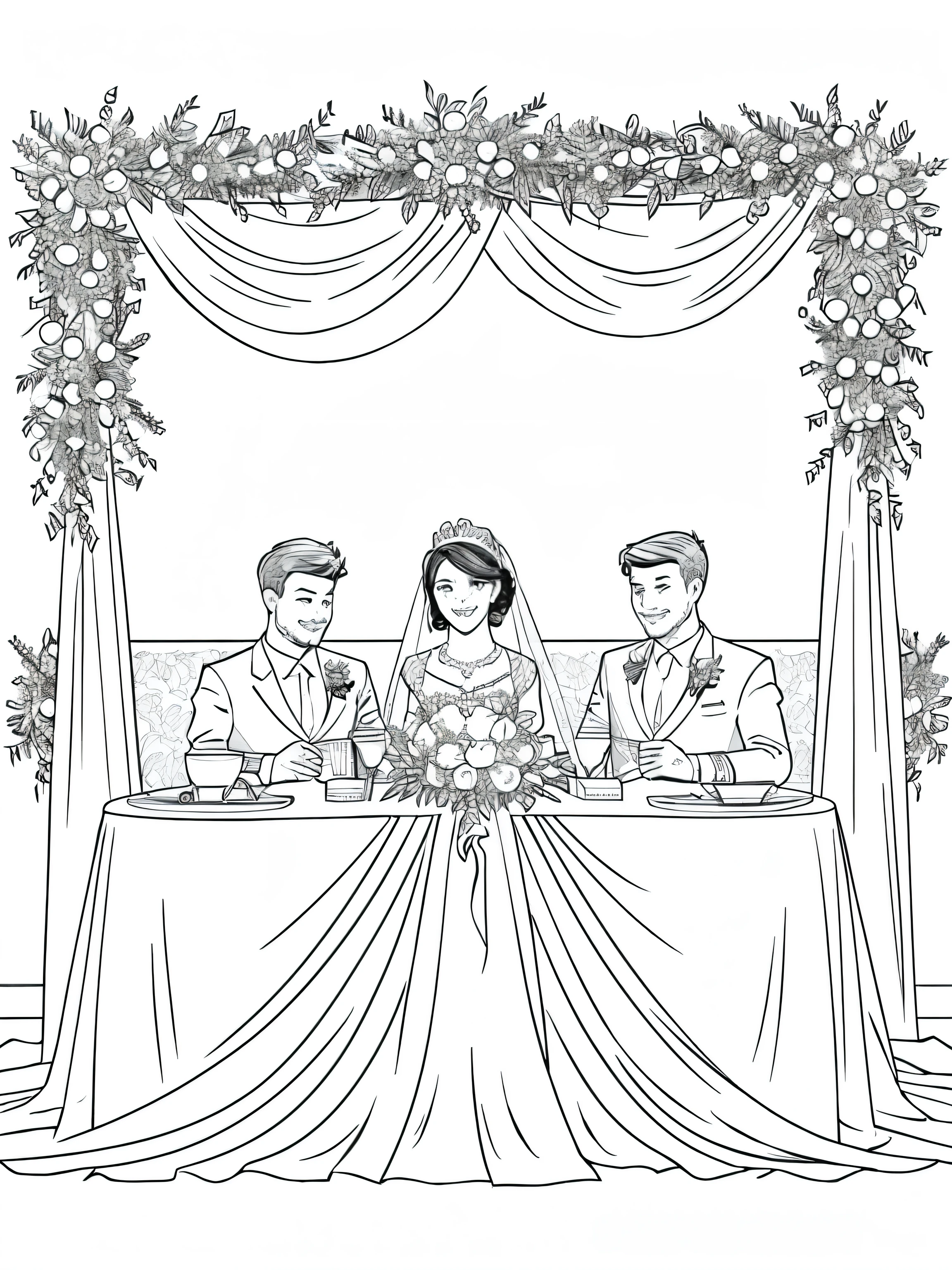 Country Wedding: Grey and white only, Book page coloring art. All-white background. Use only outlines, line art. Clean line art for coloring. Simple and clean line art, coloring book page. Perfect symmetric details. A joyful country wedding celebration with a bride and groom under a floral arch, guests in festive attire, tables set for a feast, and musicians playing lively tunes.