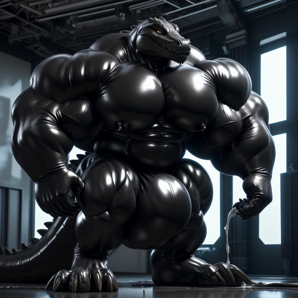 solo, male, , , , (hyper pecs:1.2), (long thick thighs:1.5), standing, indoor,,(,,(,solo,very hyper muscles:1.3)((, Huge bulge:1.3)))(corruption)), black glowing liquid,(((liquid_latex, , rubber:1.2),,black latex,goo transformation,(gooey)()(l),unreal engine,perfect light,detailed, photorealistic, 4k, hd, , , , good anatomy, , (), ,, high quality, best quality, concept art, photorealistic, Crocodile