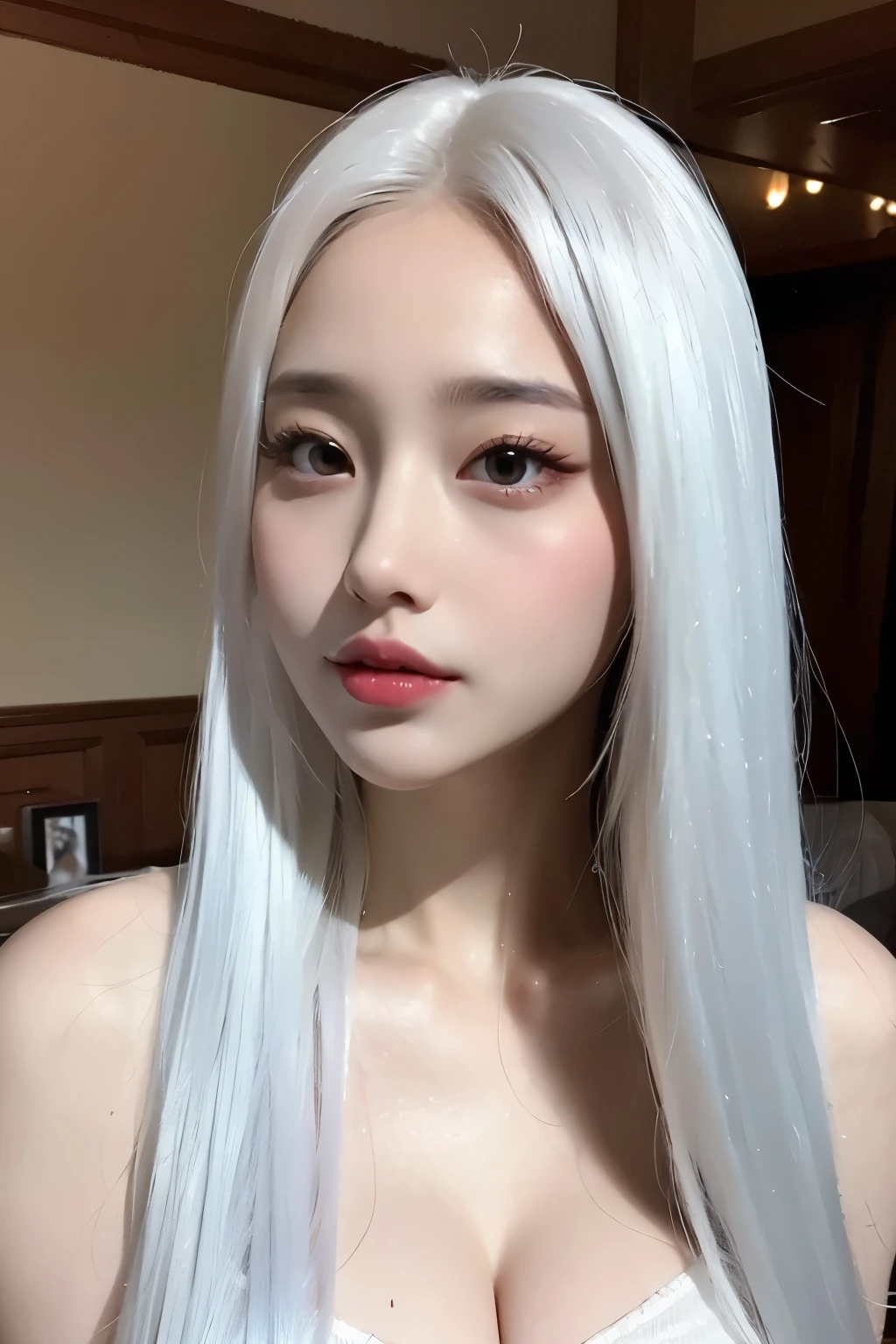 realistic, high resolution, 1 woman, glowing skin, alone, wide lips,long hair,straight hair,sagging breasts,small face,gray hair,colored contacts,trendy fashion,Full Body Coordination Week,realistic skin texture,really,K-pop idol