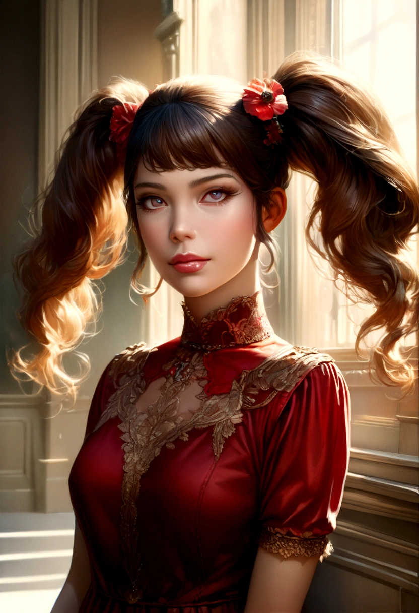 1girl, beautiful detailed eyes, beautiful detailed lips, brown hair in high twin tails, sumall bust size, red shirt, cream colored short double-breasted suit, brown pleated skirt, (best quality, 4k, 8k, highres, masterpiece:1.2), ultra-detailed, (realistic, photorealistic, photo-realistic:1.37), warm lighting, intricate details, delicate features, soft colors, elegant, fashion illustration
