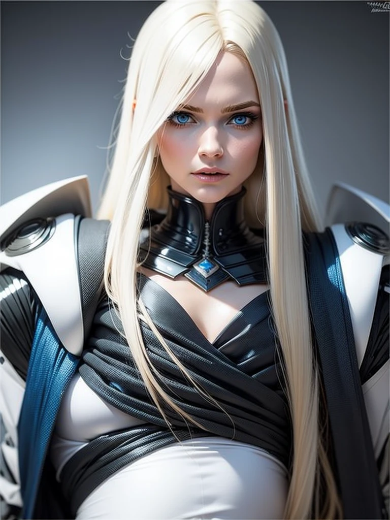 mujer con ,pelo blanco dorado,Blue eyes,,,traje espacial ?????