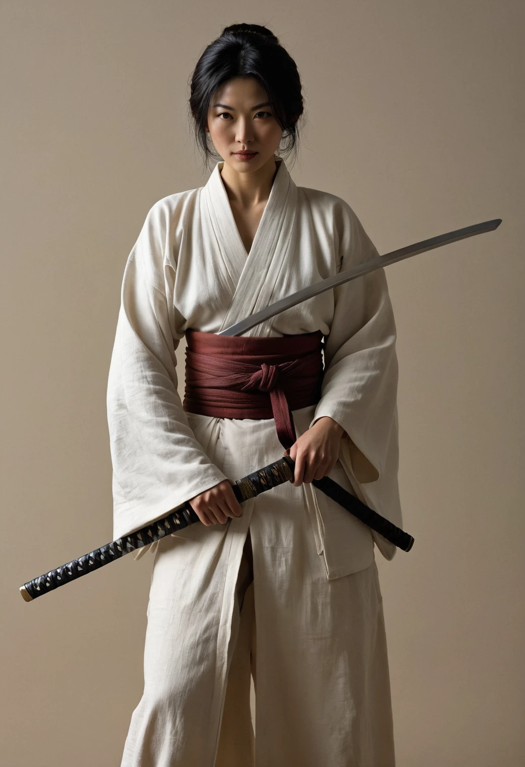 old japanese ronnin, samourai medieval ronnincom katana na bainha, 1woman standing, (corpo todo:1.5), hero pose,design de personagens intrincado, sentimento de nostalgia, recursos exagerados, memorable visuals, consistente, coerente, cativante, (olhos limpos:1.2), (olhos altamente detalhados:1.2), highly detailed hands, piso detalhado, soco texturizado, Dusty floor, intricado shoes, obra de arte, intricado, obra de arte, intricado, (fundo simples, fundo preto:1.5), rim lighting, Pouca luz,"textura detalhada da pele, tecidos altamente detalhados, precise linen, accurate collision textures, absurd resolution textures, alto brilho, reflexo perfeito, intricado surfaces, underground dispersal, ambient occlusion, subtle scratches, imperfections, sombra suave, detalhe insano, pontos e costuras detalhadas, couro intricado"