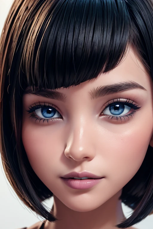 Solo cara, selfie, wallpaper, full HD,  cara hermosa y detallada con labios negros y voluminosos sonrisa sensual, ojos azules piel blanca delineador de color ????? y cabello corto estilo bob con flequillo, maquillaje 