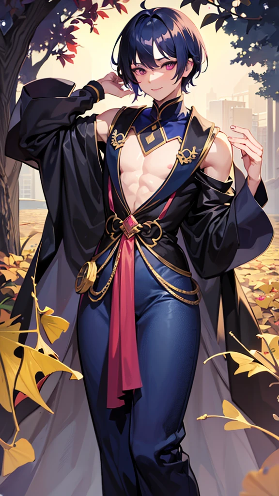 1man,dark blue hair,best quality,masterpiece,extremley,pink eyes,male focus,beautiful eyes, make a head hands, wink, smile, ginkgo leaves in background.